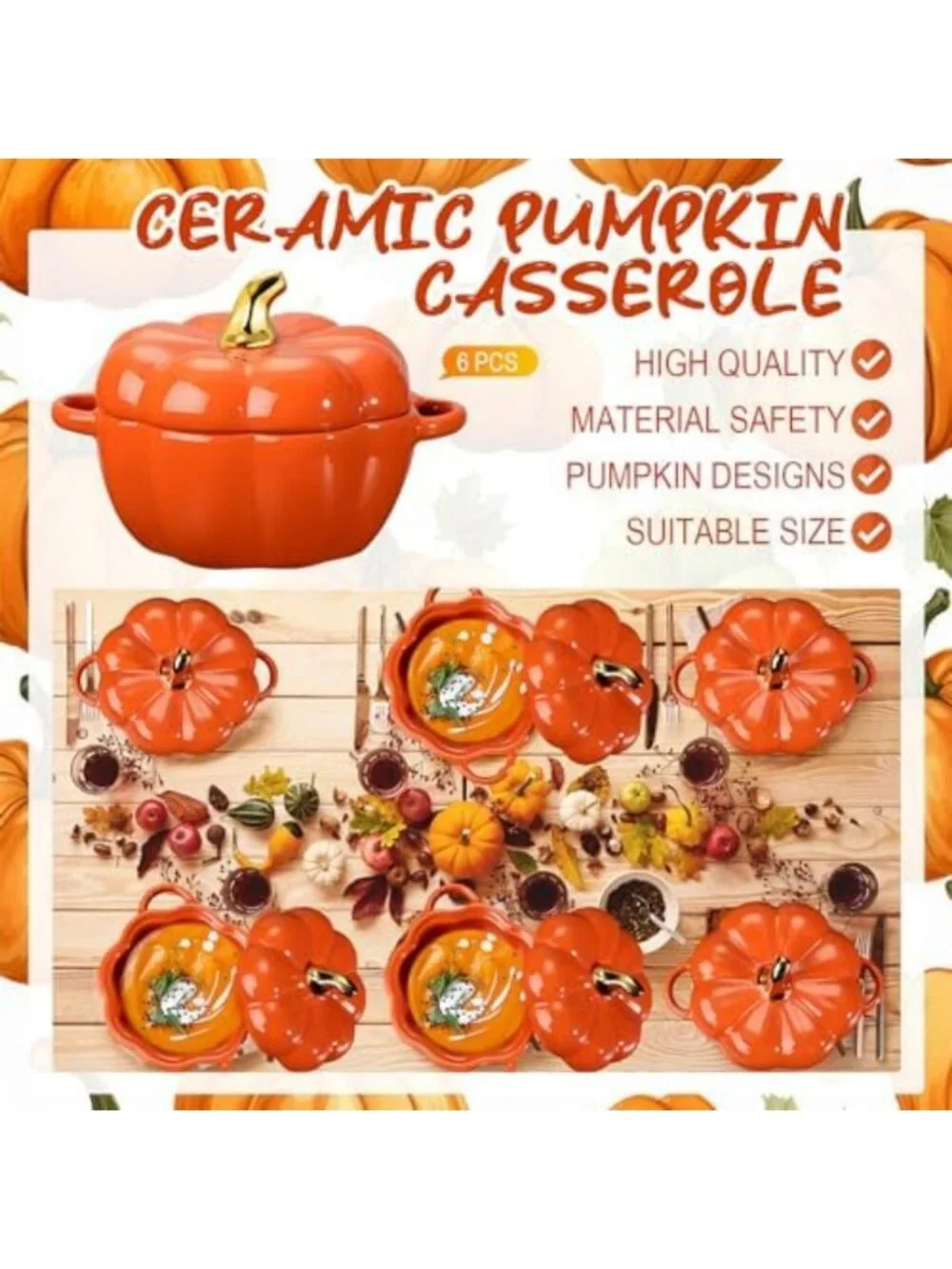 Set of 6 Pumpkin Ceramic Soup Bowls, 15 oz - Fall Decor, Orange Tableware